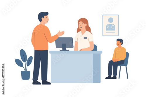 A man character is conversing with a female receptionist in a hospital room setting where a patient is waiting to see the doctor, evoking a medical clinic concept through a flat cartoon vector