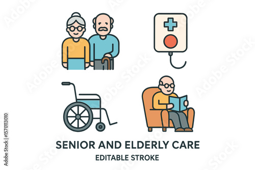 A modern vector line icon representing senior and elderly care is depicted, featuring elements of nursing homes such as the elderly, wheelchairs, leisure activities, hospital call buttons, and more