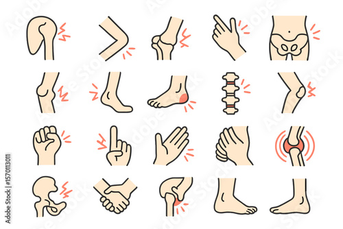 A collection of icons representing joint pain is available, with 20 different sets to choose from, including simple line drawings