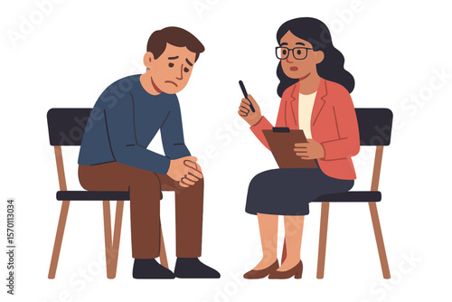 A depressed male is seated on a chair conversing with a female therapist