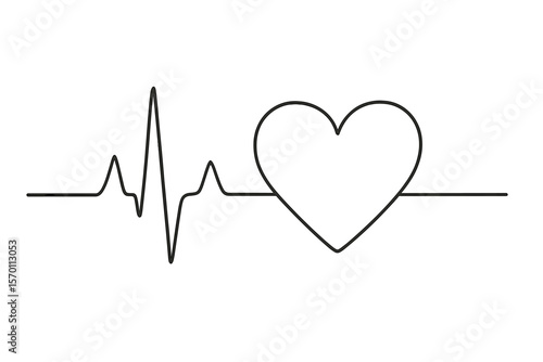 Heart with heartbeat represented through continuous line drawing, accompanied by pulse trace, cardiogram icon, and single line art, forming a vector illustration