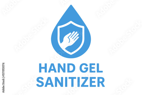 A vector label for hand gel sanitizer is depicted with a water drop, shield, and hand logo, suitable for a healthy and safe product package tag