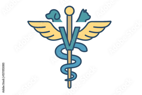 Vector illustration of a veterinary caduceus symbol icon, featuring a snake and stick with wings, isolated on a white background, representing veterinary medicine and pet care