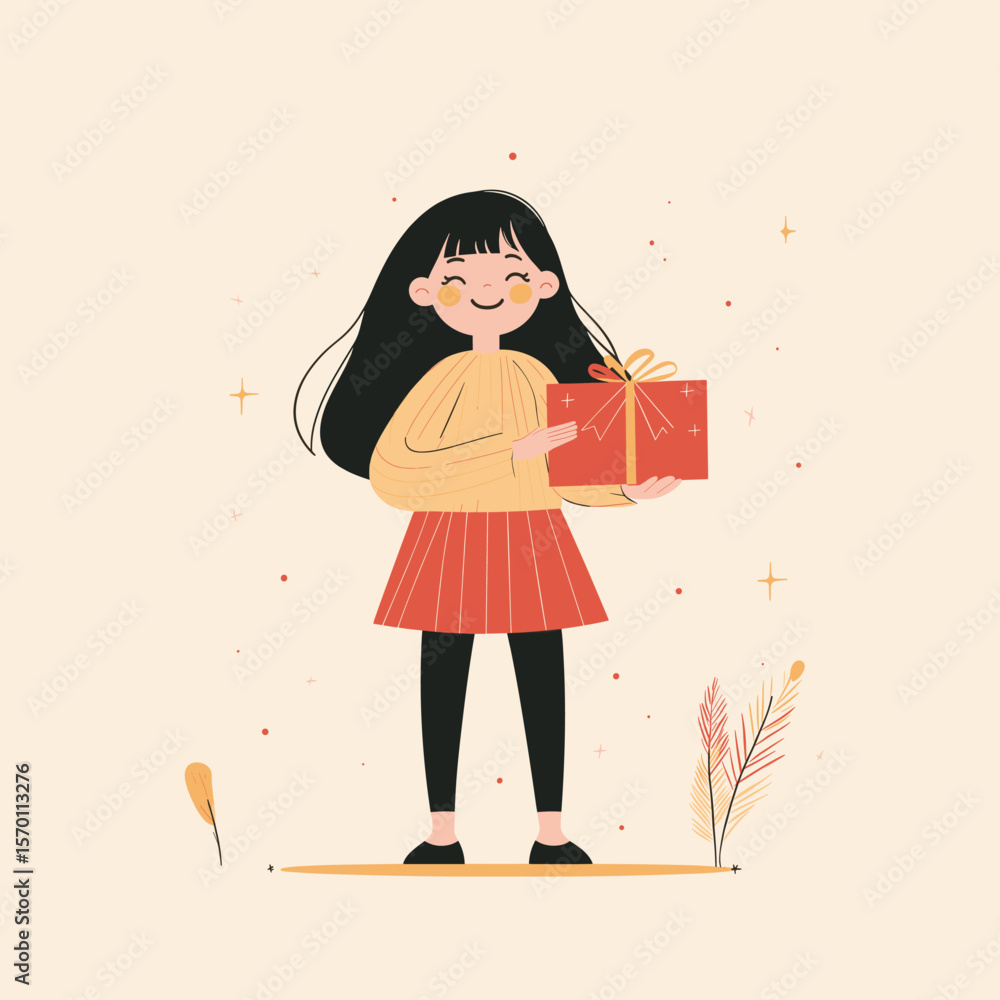 Cheerful girl holding a gift in autumn leaves Cheerful girl holding a gift in autumn leaves