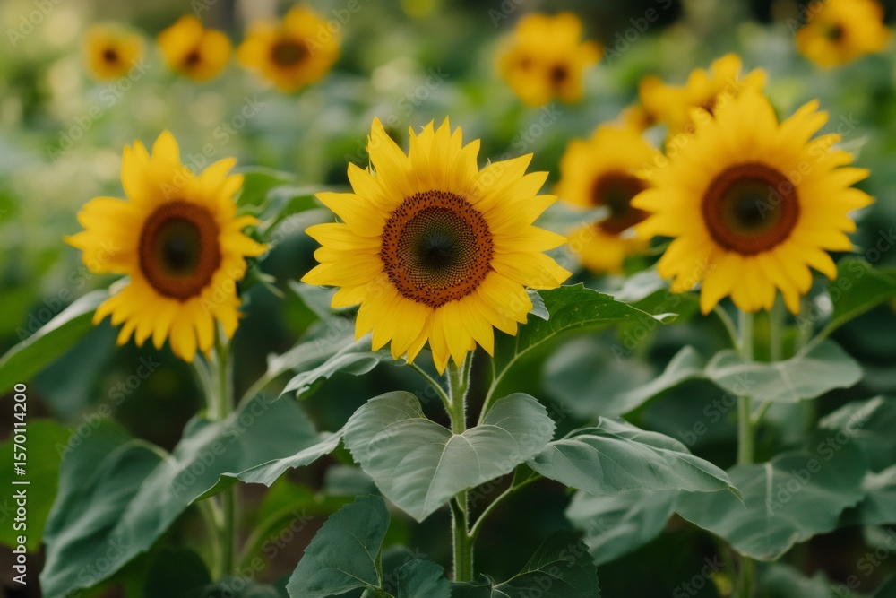 Naklejka premium Bright yellow sunflowers blooming vibrantly in a sunlit field, creating a picturesque scene on a warm summer day in the countryside