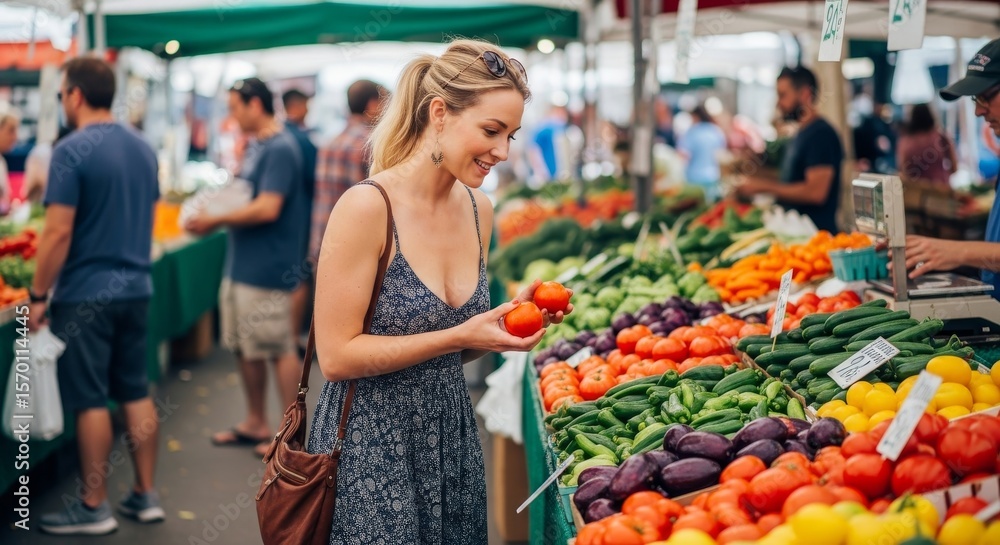 Obraz premium Beautiful white woman shopping at an open air Farmers Market, Fresh Food, Fresh Fruit and Vegetables, Hand made crafts