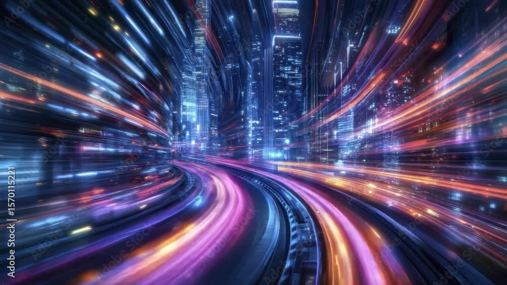 Night city lights streaks, vibrant colors, fast motion, futuristic road. Night city lights streaks, vibrant colors, fast motion, futuristic road.
