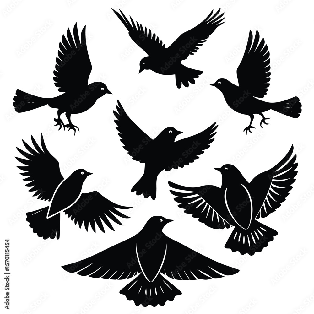 Fototapeta premium Bird Silhouette Vector Illustration Set Six Different Poses Perched and Flying