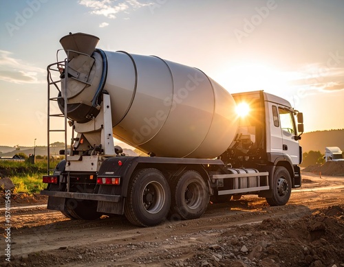 Concrete mixer truck at sunset