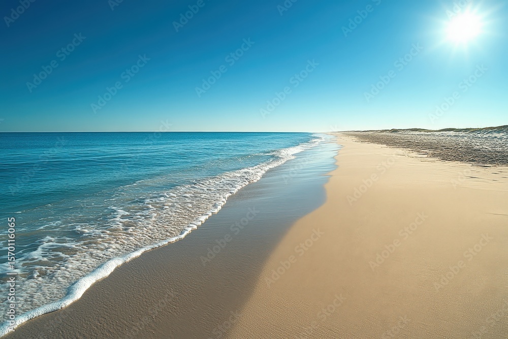 Obraz premium Ocean waves gently approaching sandy beach on a sunny day in outer banks, north carolina