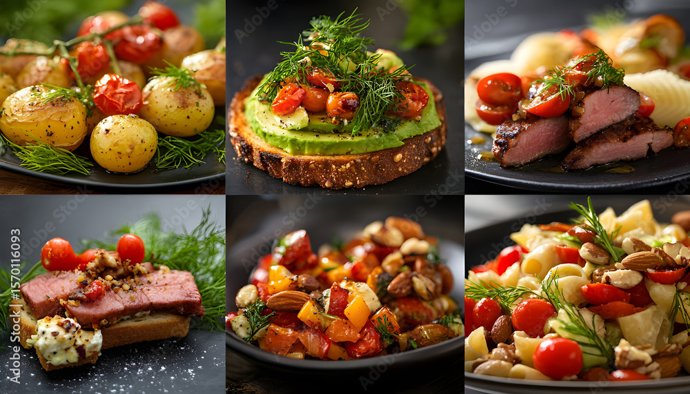 Collage food assortment with popular breakfasts lunches snacks. Various dishes on plates include burger with guacamole, pumpkin fries, meat, fish with potatoes, meat balls, pasta with tomato sauce Collage food assortment with popular breakfasts lunches snacks. Various dishes on plates include burger with guacamole, pumpkin fries, meat, fish with potatoes, meat balls, pasta with tomato sauce
