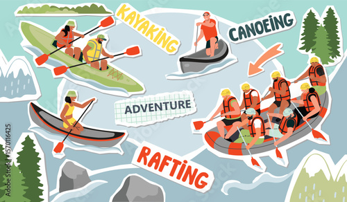 Tourist banner with watercraft and characters. Collage elements set in cartoon. Kayaking, rafting, canoeing, men and women moving through water using paddles, forest and mountains. Vector illustration