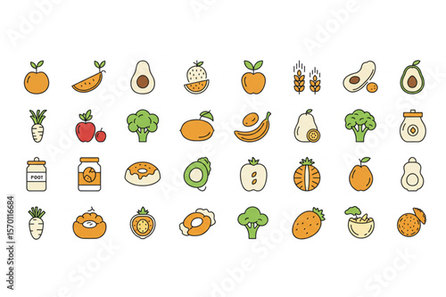 Fresh produce icons create a colorful, healthy food design, perfect for grocery stores, nutrition websites, or dietary product promotions.