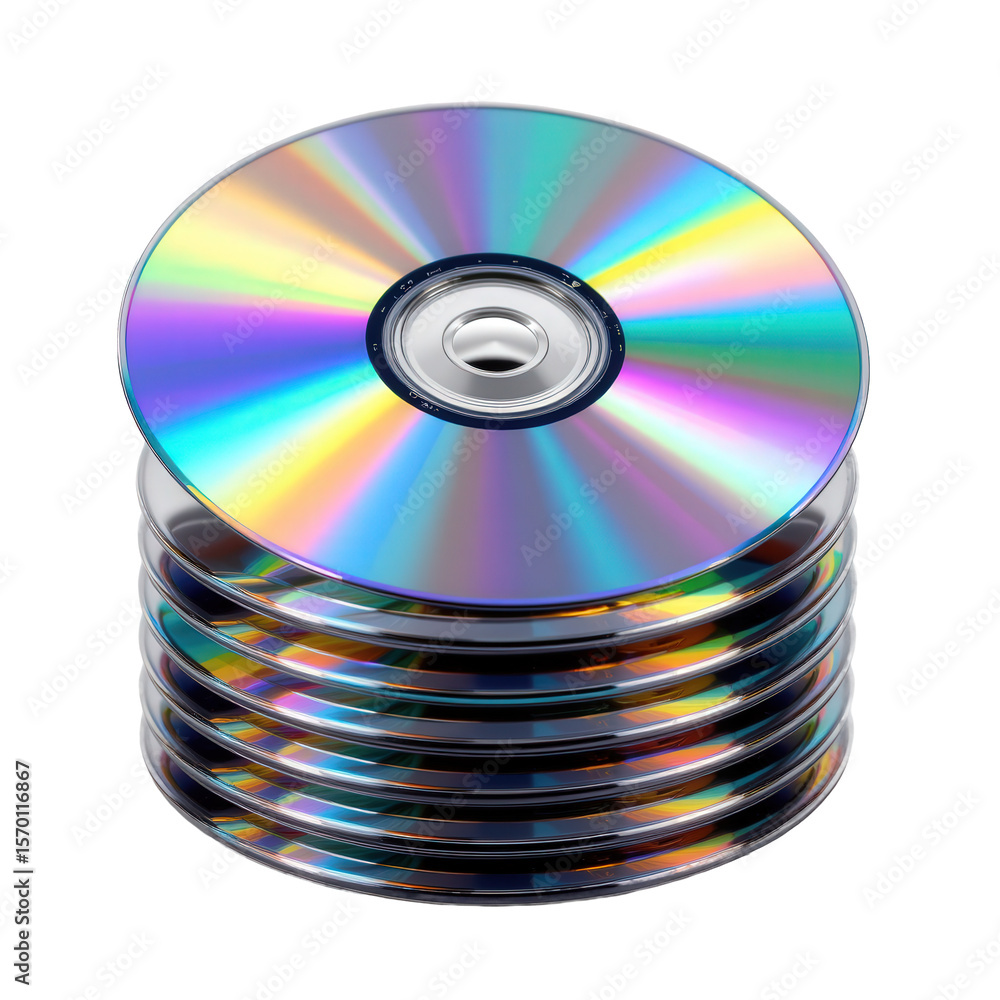 Fototapeta premium Stack of Colorful CD Discs with Reflective Surface on a White Background for Digital Media Concepts