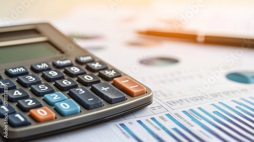 Close-up of a calculator and financial documents, budget planning, accounting