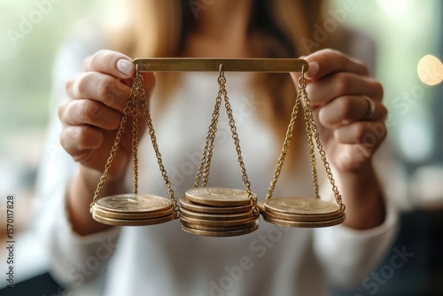 Woman in white shirt holding a balanced brass scale with coins representing financial equality and economic balance, showing equilibrium