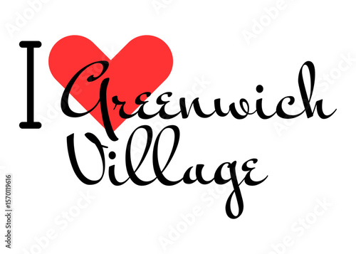 I love Greenwich Village New York City USA. Hand drawn letters with red heart. Vector illustration, lettering in modern design