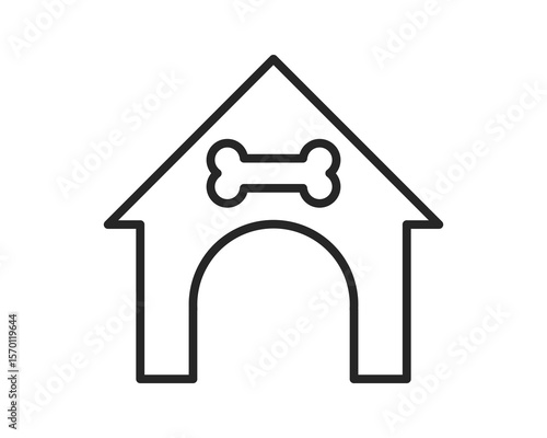 Clean, minimalist line art of a doghouse with a bone above the entrance. Symbolizes shelter, safety, pets, and domestic animals. Ideal for veterinary or petrelated designs.