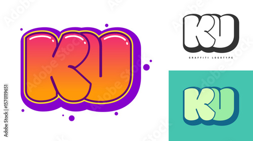KU logo design for festival or party. Initial letter k and u in graffiti style. Creative modern lettering company name of font typography. Kids trendy logotype or identity.