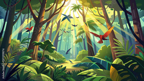 In Daintree Rainforest, golden rays pierce the dense canopy, revealing vibrant tropical birds and giant ferns swaying gently in the moist morning air.