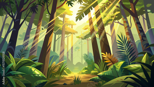 In Daintree Rainforest, golden rays pierce the dense canopy, revealing vibrant tropical birds and giant ferns swaying gently in the moist morning air.