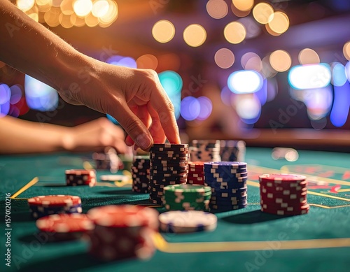 Hands arranging poker chips on green table