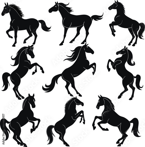 Horse silhouette bundle set vector A collection of 9 black horse silhouettes in various poses, including jumping, standing, sitting, and digital use with white background 