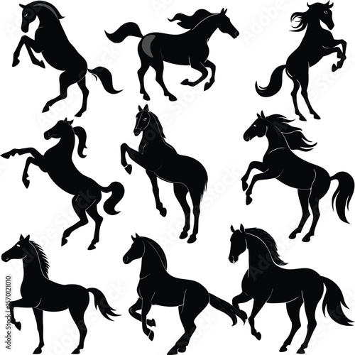 Horse silhouette bundle set vector A collection of 9 black horse silhouettes in various poses, including jumping, standing, sitting, and digital use with white background 