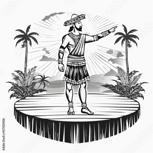 A Man Standing on Stage Pointing His Hand Forward in a Dramatic Vector Illustration
