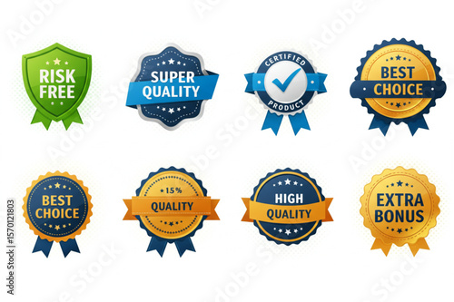 Assorted graphic badges showcasing qualities like risk free, super quality, best choice, high quality and extra bonus designs.