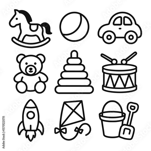 Children Toy Icon Set - Outline Style with Ball, Teddy, Car, Rocket, and More