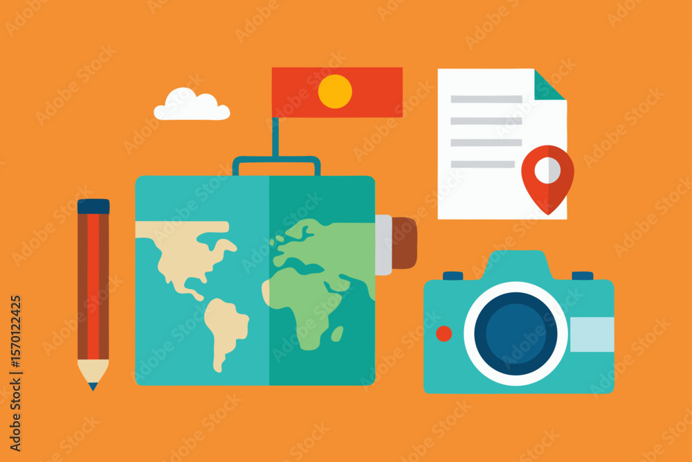 Obraz premium Travel Flatlay with Camera Map and Notebook