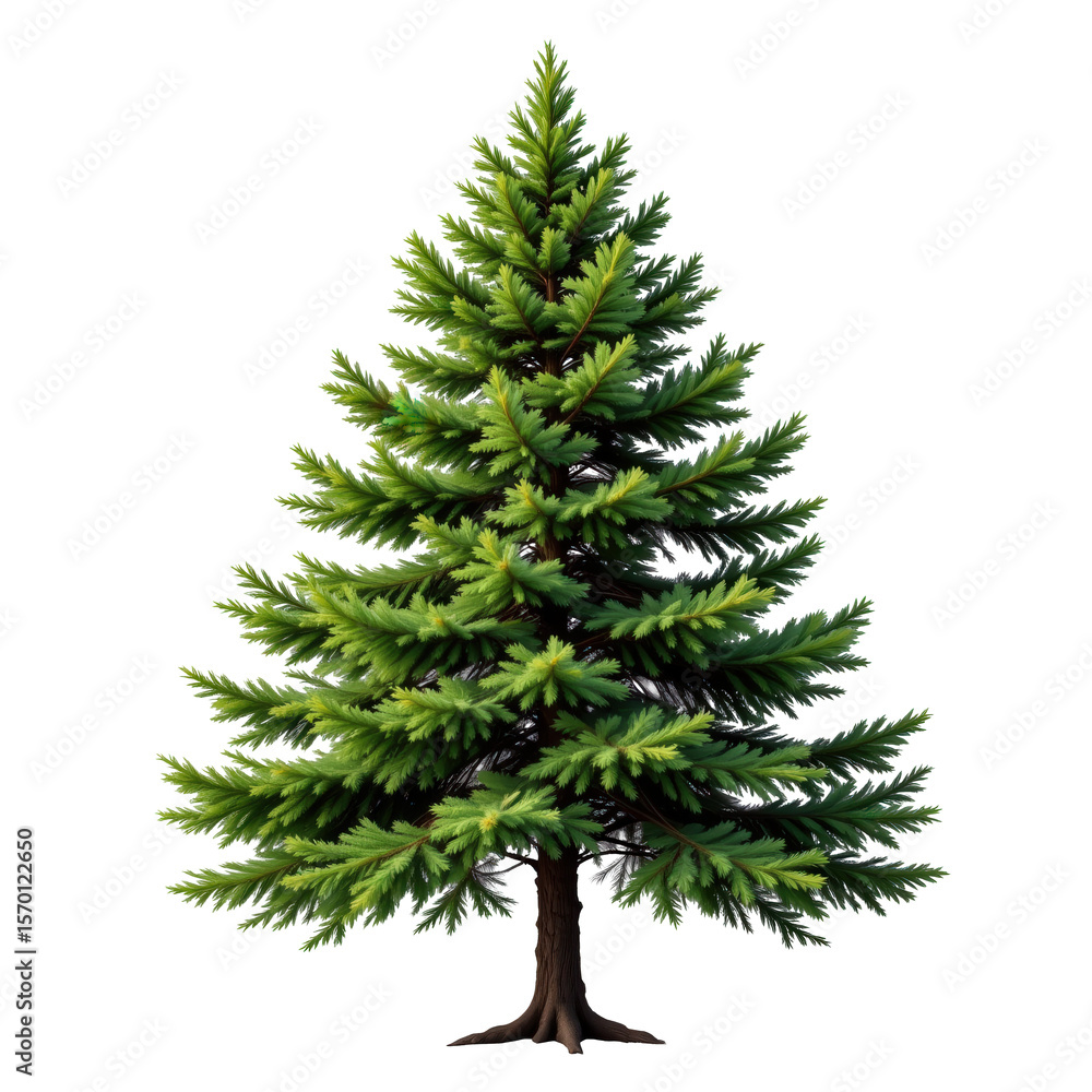 Fototapeta premium Lush Green Evergreen Tree Surrounded by Natural Landscape with Bright Needle-Like Foliage and Strong Trunk