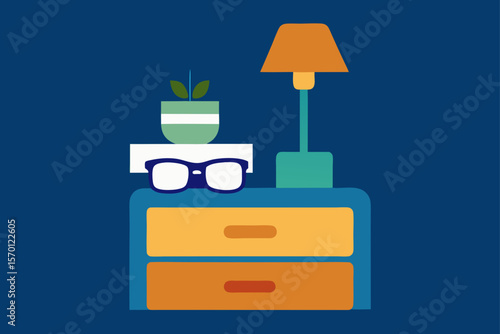 Bedside Table with Lamp Glasses and Book