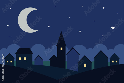 Crescent Moon Over Sleeping Village