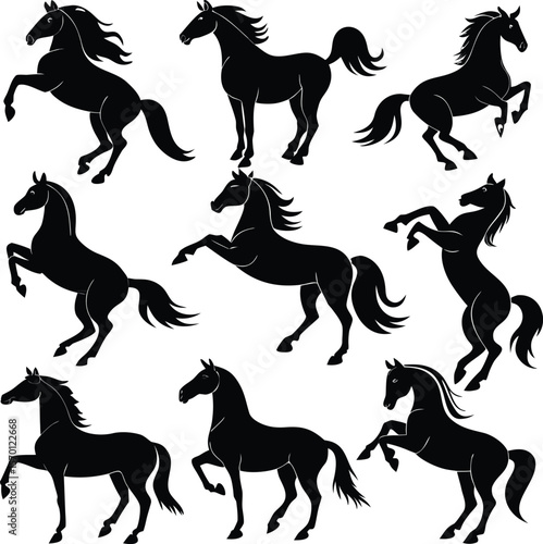 Horse silhouette bundle set vector A collection of 9 black horse silhouettes in various poses, including jumping, standing, sitting, and digital use with white background 