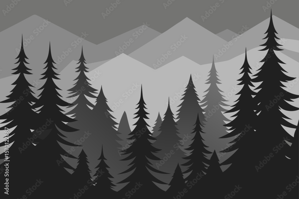 Fototapeta premium Foggy Pine Forest in Monochrome Nordic Print