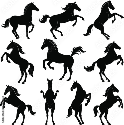 Horse silhouette bundle set vector A collection of 9 black horse silhouettes in various poses, including jumping, standing, sitting, and digital use with white background 
