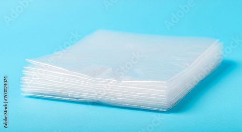 Stack of clear plastic bags on a light blue background in a studio setting with soft lighting