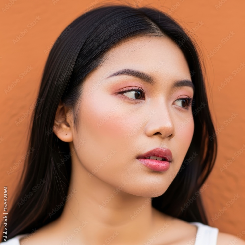 Obraz premium Young asian female with long hair against orange wall