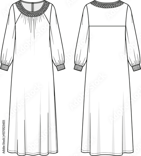 Long-sleeve dress sketch, front and back view, braided round neckline, gathered front detail, yoke back, cuffed sleeves, loose silhouette, fashion drawing, garment template