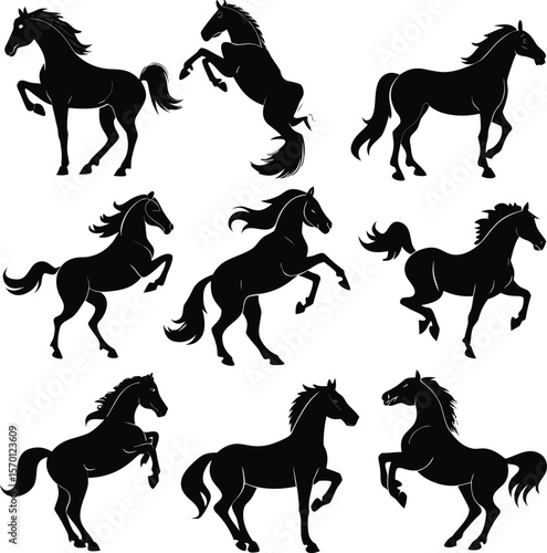 Horse silhouette bundle set vector A collection of 9 black horse silhouettes in various poses, including jumping, standing, sitting, and digital use with white background 