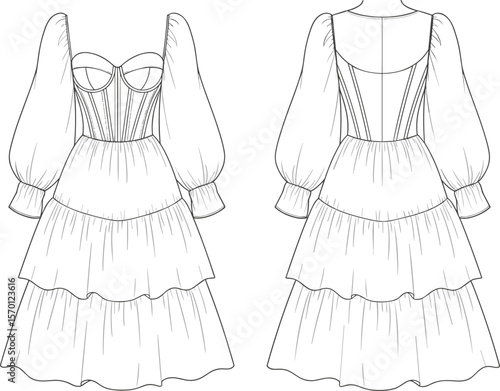 Corset dress technical sketch, front and back view, underwire cups, puff sleeves with cuffs, tiered skirt, scoop back, fashion drawing, garment design template