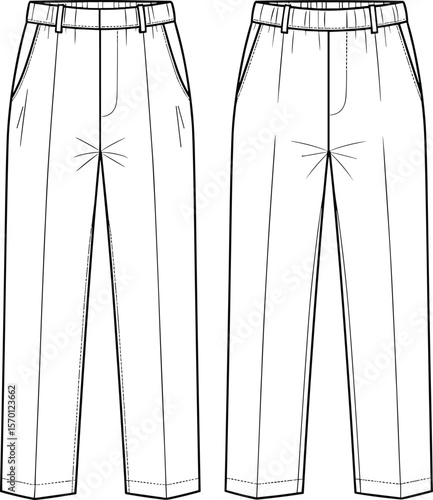 Men’s pants technical sketch, pleated and flat-front styles, front and back view, waistband with belt loops, side pockets, zipper fly, garment design template