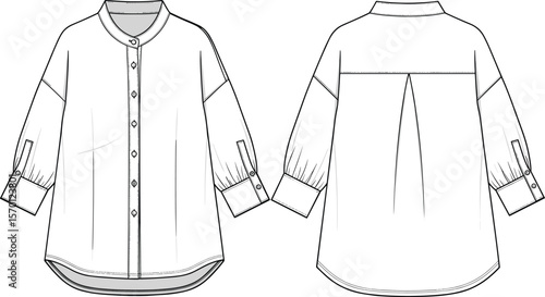 Button-up shirt technical sketch, front and back view, round neckline, long sleeves with cuffs, back yoke with pleat, curved hem, fashion drawing, garment template