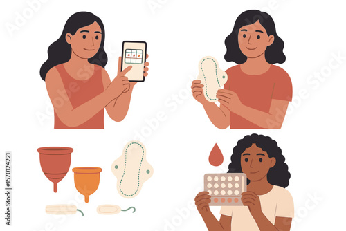 Vector collection of menstruation illustrations, female period cycle, and women utilizing a menstrual calendar on a smartphone app while holding eco-friendly pads, zero waste cups, tampons, and birth