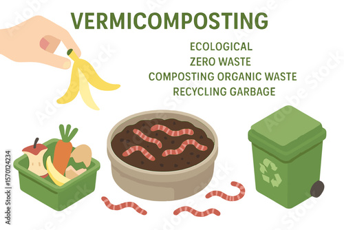 Vermicomposting using striped worms to process kitchen organic waste represents a selective, ecological approach to achieving zero waste through composting and recycling garbage in an isometric