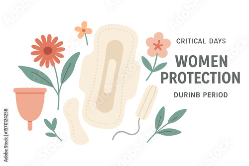 Minimalist landing page featuring eco-friendly feminine hygiene products, including a menstrual cup, sanitary pads, panty liners, and tampons, surrounded by flowers, highlighting women's protection