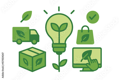 Eco-friendly product and marketing vector illustration, incorporating green concepts with related icons for shipping, delivery, sustainable procurement, and environmentally responsible online