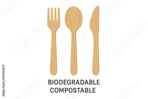 Eco-friendly table setting consisting of a biodegradable fork, spoon, and knife made from natural bamboo, a compostable and reusable material promoting zero waste, depicted in a vector, realistic